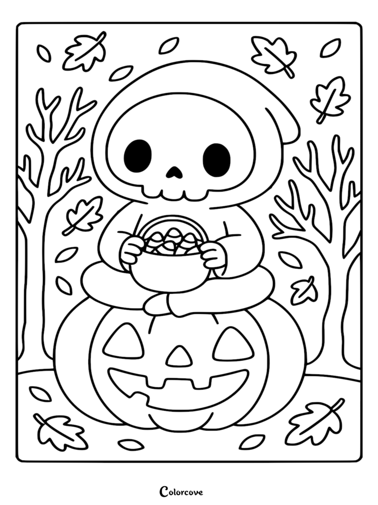 A cute Chibi Grim Reaper holding a bowl of candy corn while sitting on a carved jack-o'-lantern in a forest of autumn leaves, line art coloring page.