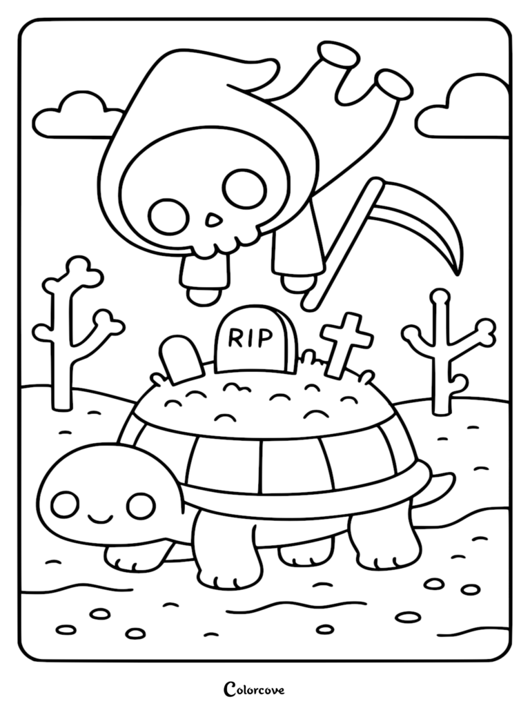 A cute Chibi Grim Reaper with a scythe hovering over a smiling turtle carrying a graveyard with tombstones on its back, line art coloring page.