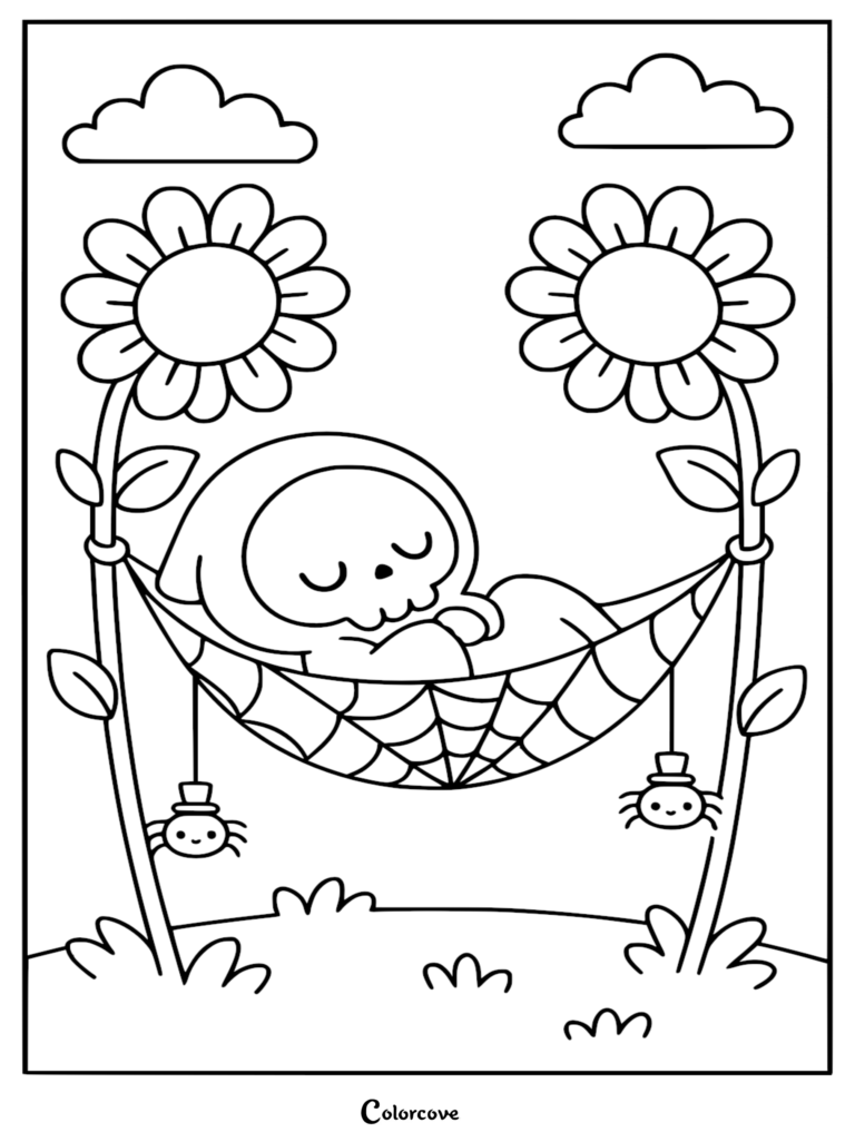 A cute Chibi Grim Reaper sleeping in a spiderweb hammock between two large sunflowers, with two tiny spiders wearing top hats, in this printable coloring page.