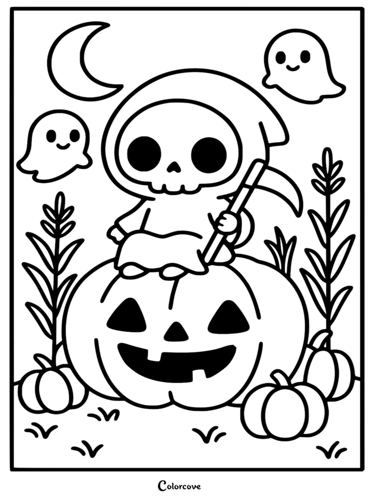 Chibi Grim Reaper sits atop a smiling Halloween pumpkin.