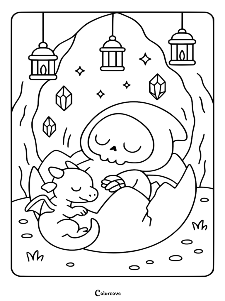 A cute Chibi Grim Reaper resting inside a large cracked egg shell next to a sleeping baby dragon, featuring hanging lanterns and crystals, in this printable coloring page.