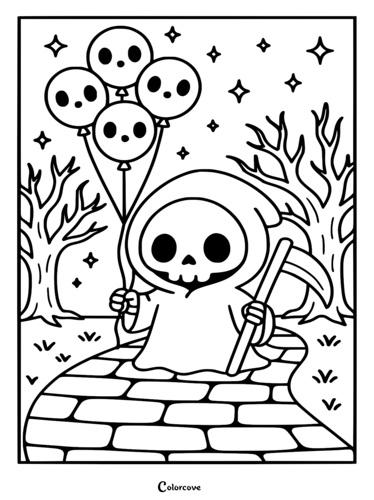 A cute Chibi Grim Reaper holding a bundle of skull-shaped balloons while walking down a brick path, printable coloring page.