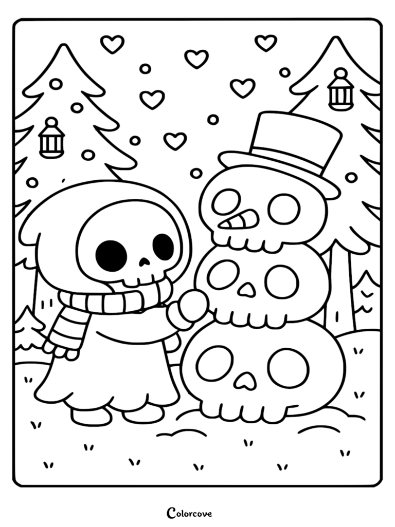 A cute Chibi Grim Reaper in a scarf building a three-tiered skull snowman in a heart-filled winter forest, printable coloring page.