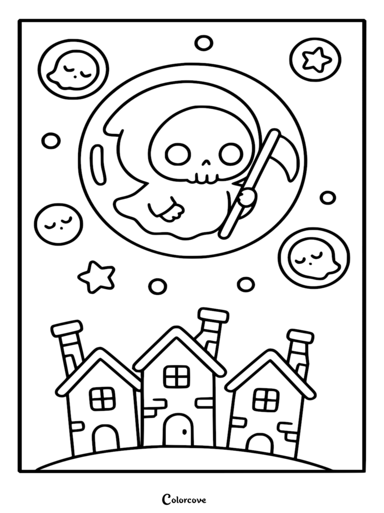 A cute Chibi Grim Reaper holding a scythe inside a full moon above three small houses, featured in a printable coloring page.