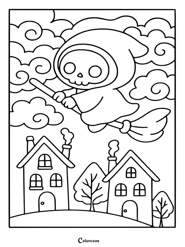 A cute Chibi Grim Reaper with a skull face flying on a broomstick above a village in this printable coloring page.