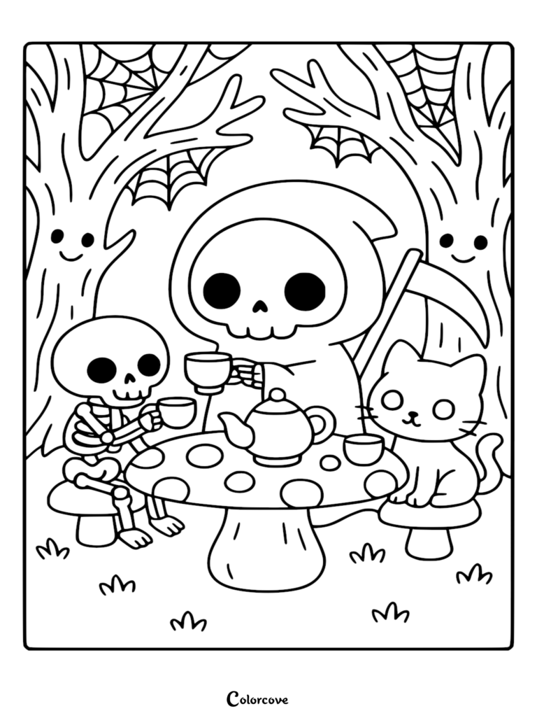 A cute Chibi Grim Reaper, a small skeleton, and a kitten having a tea party on a mushroom table, a printable coloring page featuring spooky trees and cobwebs.