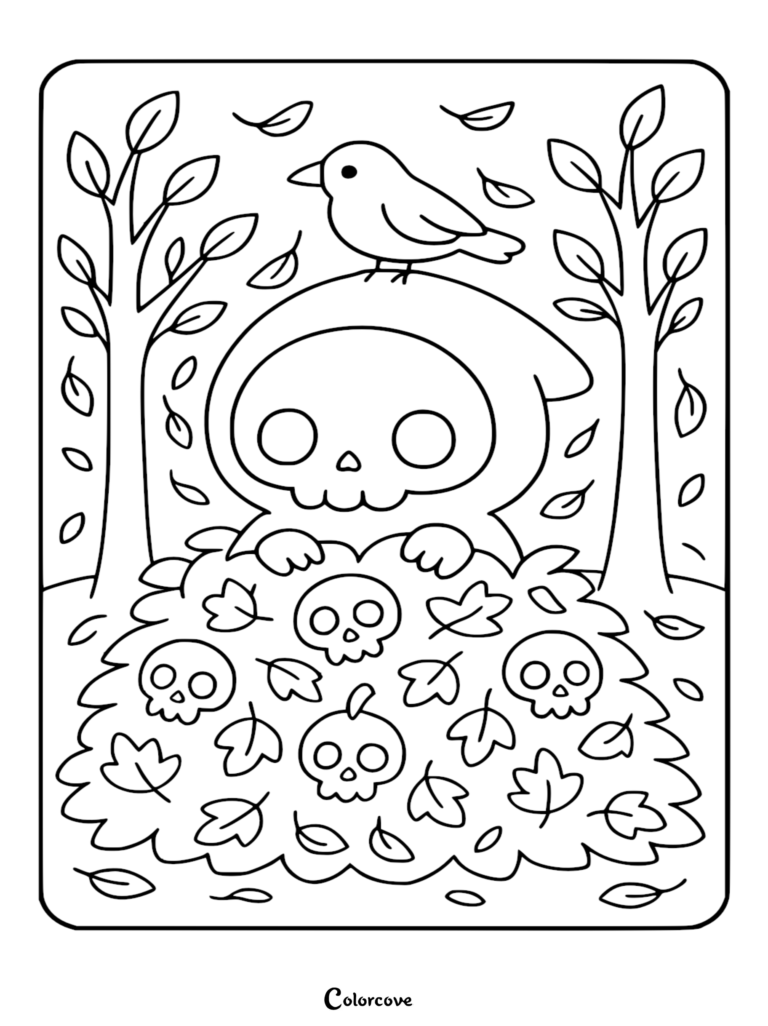 A cute Chibi Grim Reaper sitting in a pile of fall leaves and skulls with a small bird perched on its head in a forest setting, printable coloring page.