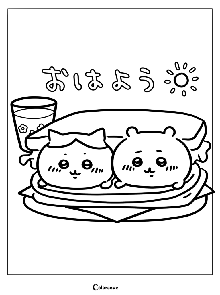 Dibujo para colorear de Chiikawa y Hachiware asomándose desde el interior de un sándwich con un vaso de zumo y el texto ohayou.