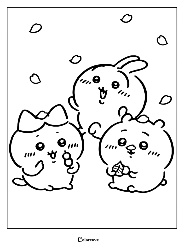 Dibujo para colorear de Chiikawa, Hachiware y Usagi celebrando la primavera con pétalos de sakura y deliciosos dulces.