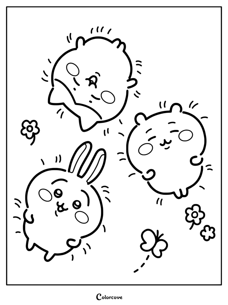 Dibujo para colorear con Chiikawa, Hachiware y Usagi recostados alegremente en la hierba con flores y una mariposa.