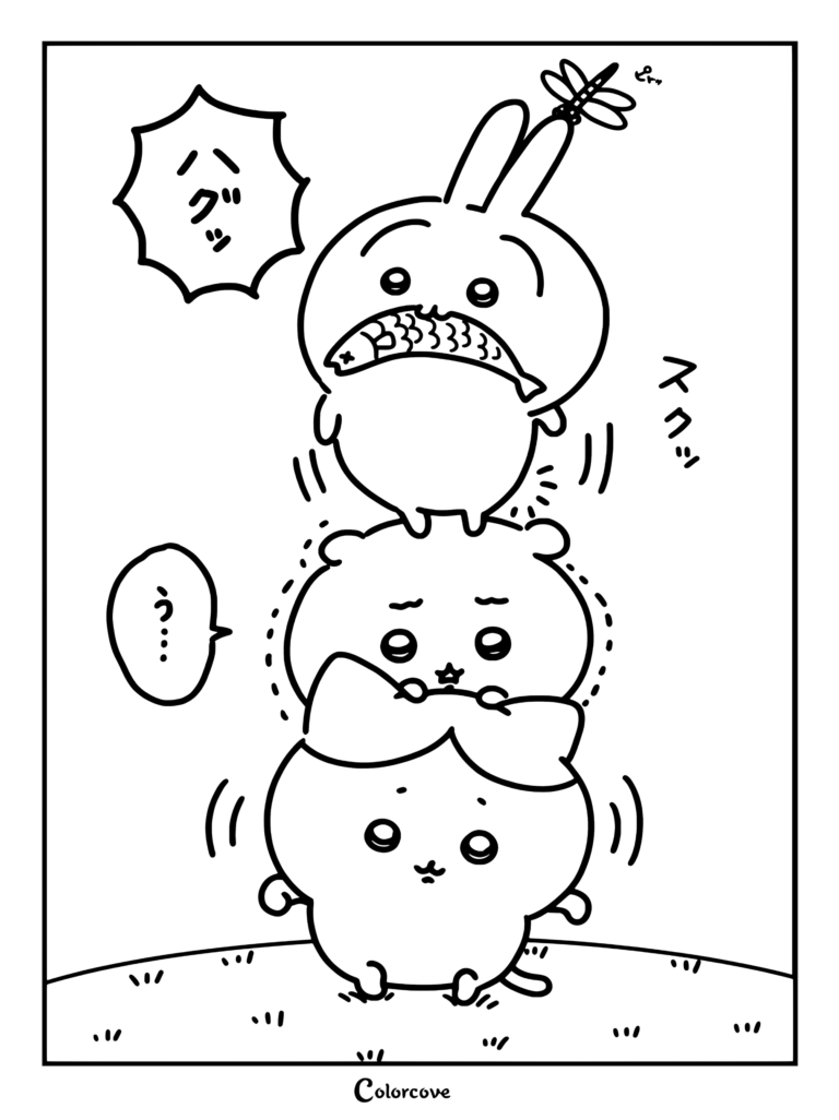 Dibujo para colorear de Chiikawa, Hachiware y Usagi apilados verticalmente en una torre, con Usagi sosteniendo un pez y una libélula en la oreja.