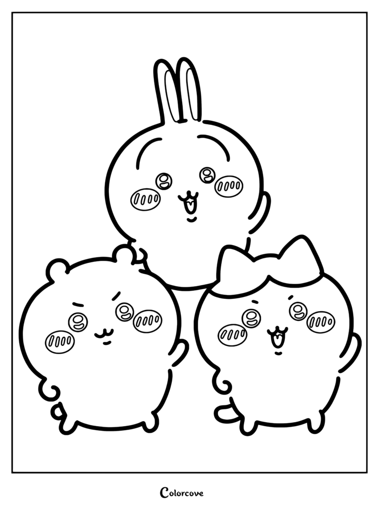 Dibujo para colorear de Chiikawa, Hachiware y Usagi juntos sonriendo felices.