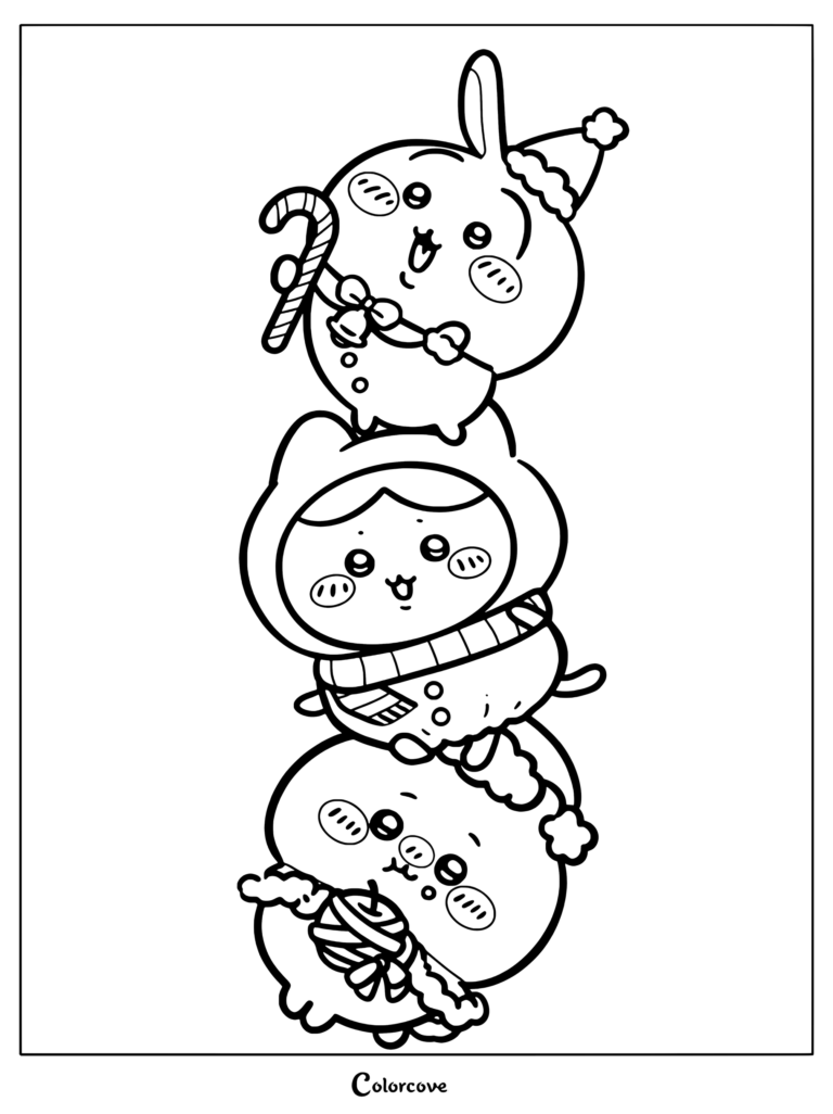Dibujo para colorear de Chiikawa con Hachiware, Usagi y Chiikawa apilados verticalmente con disfraces navideños, un bastón de caramelo, bufanda y una manzana.