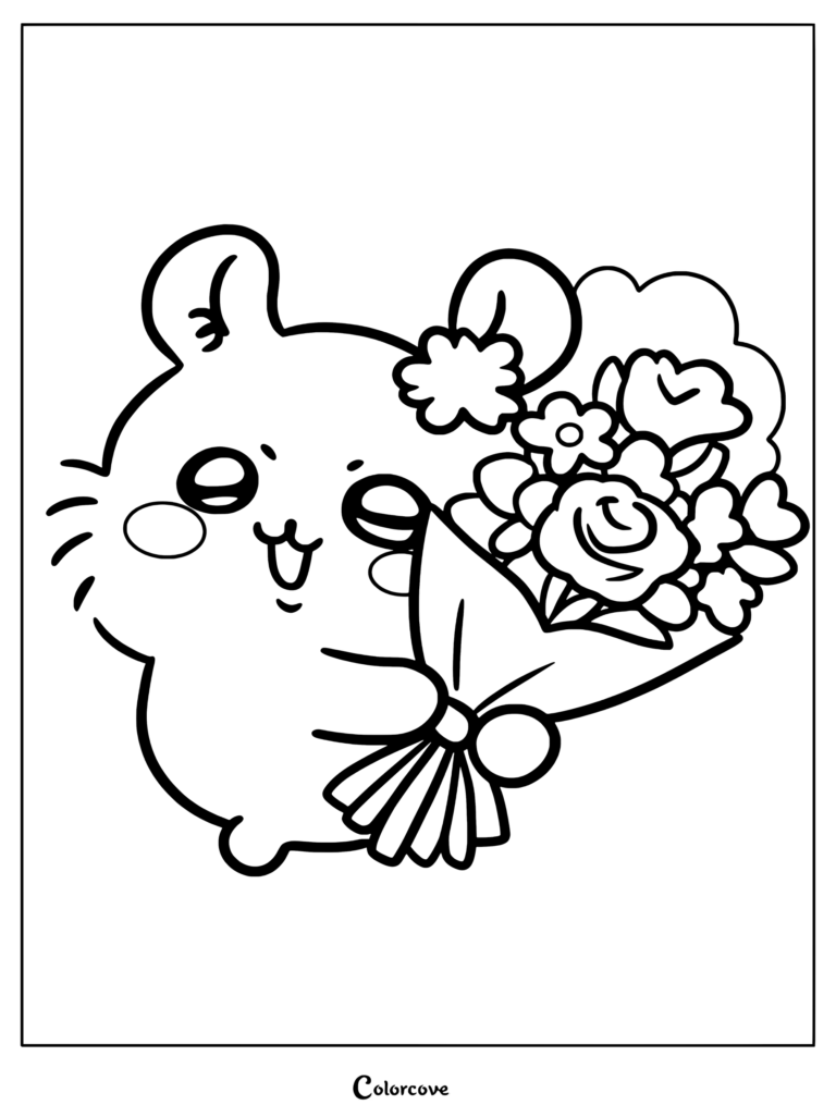 Dibujo para colorear para niños y fans de Chiikawa sosteniendo un ramo de flores con una expresión feliz.