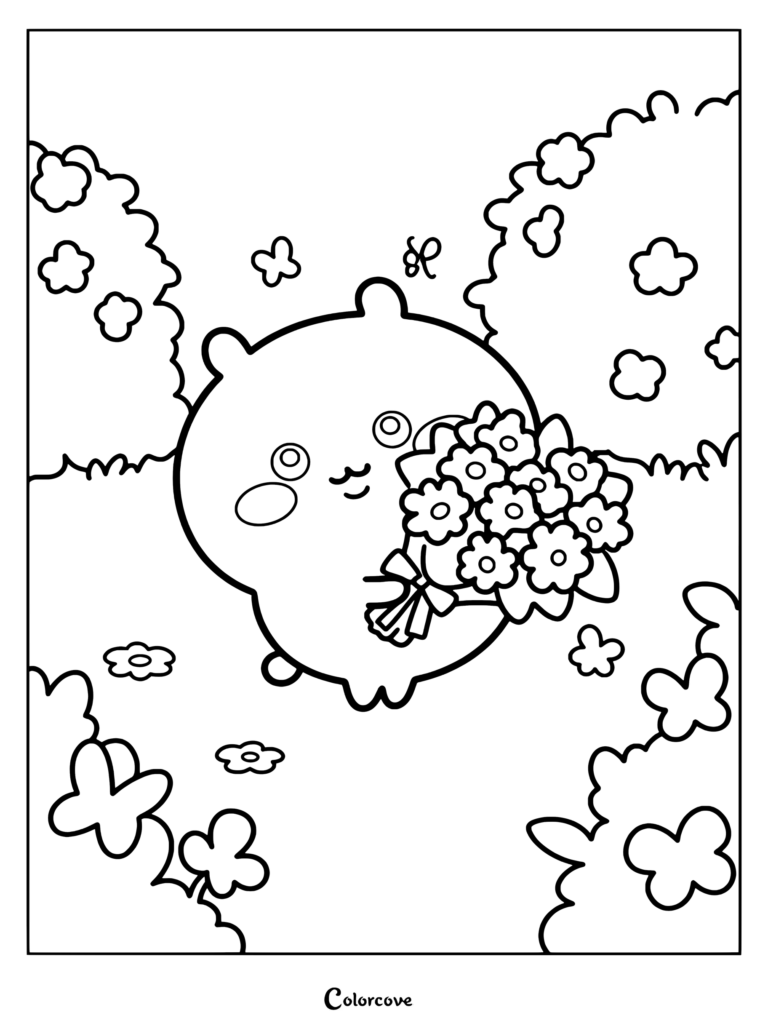 Dibujo para colorear imprimible de Chiikawa sosteniendo un ramo de flores rosas en un jardín soleado rodeado de mariposas.