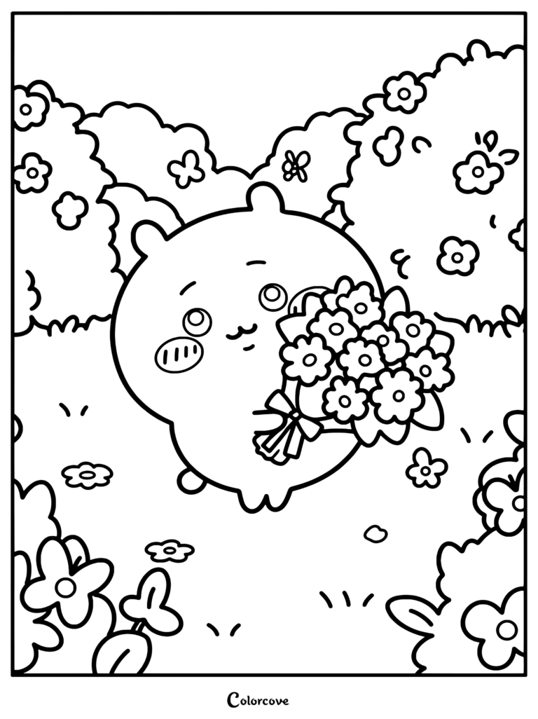 Dibujo para colorear de Chiikawa sosteniendo un ramo de flores moradas en un prado.