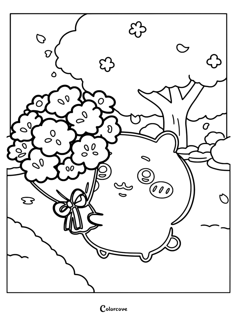 Dibujo para colorear imprimible de Chiikawa sosteniendo un gran ramo de flores en un parque primaveral con cerezos en flor.