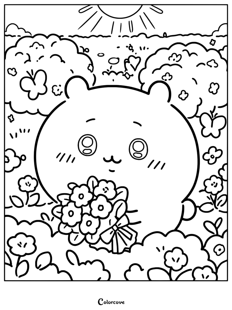 Dibujo para colorear de Chiikawa sosteniendo un ramo de flores en un prado primaveral con mariposas.