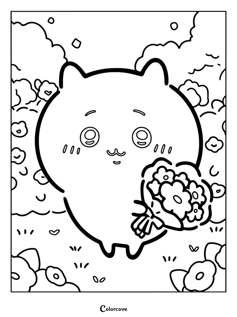 Dibujo para colorear de Chiikawa sosteniendo un ramo de flores en un jardín soleado rodeado de flores.