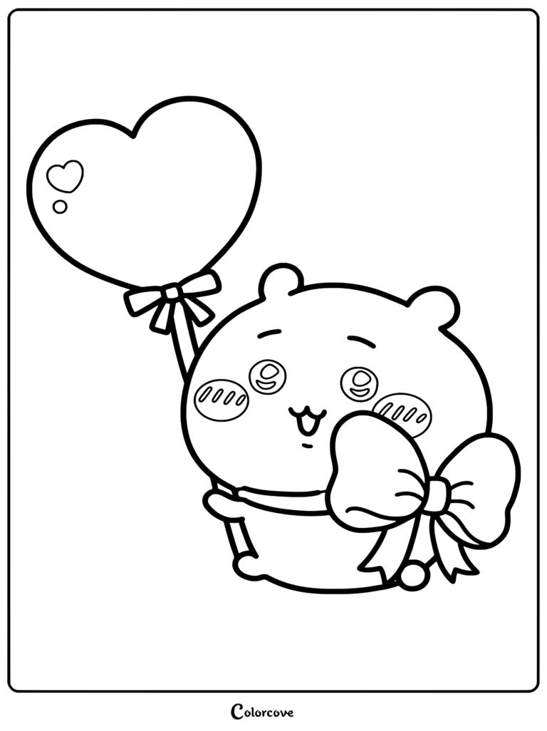 Dibujo para colorear de Chiikawa sosteniendo un globo en forma de corazón y llevando un gran lazo rosa.
