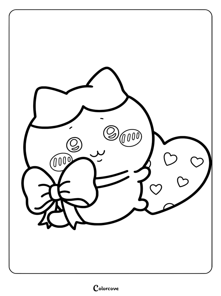 Dibujo para colorear imprimible de Chiikawa sosteniendo una galleta con chispas de chocolate en forma de corazón, llevando un lazo rosa y una capucha azul.