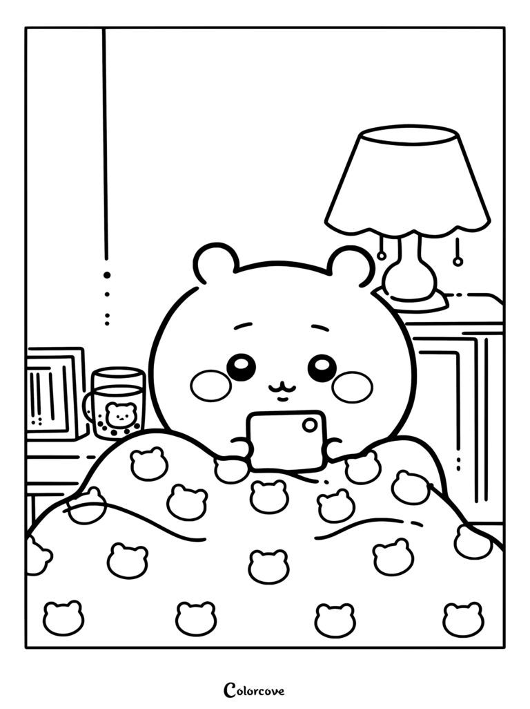 Dibujo para colorear para niños y fans de Chiikawa sosteniendo un teléfono rosa en la cama con una lámpara y té de boba.