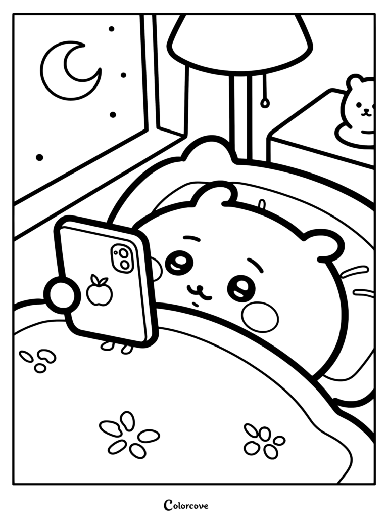 Dibujo para colorear de Chiikawa acostado en la cama a altas horas de la noche mirando el smartphone con la luz de la luna brillando a través de la ventana