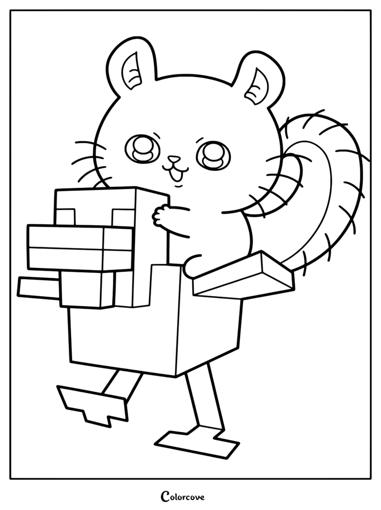 Dibujo para colorear de Chiikawa montando una gallina cuadrada de Minecraft.
