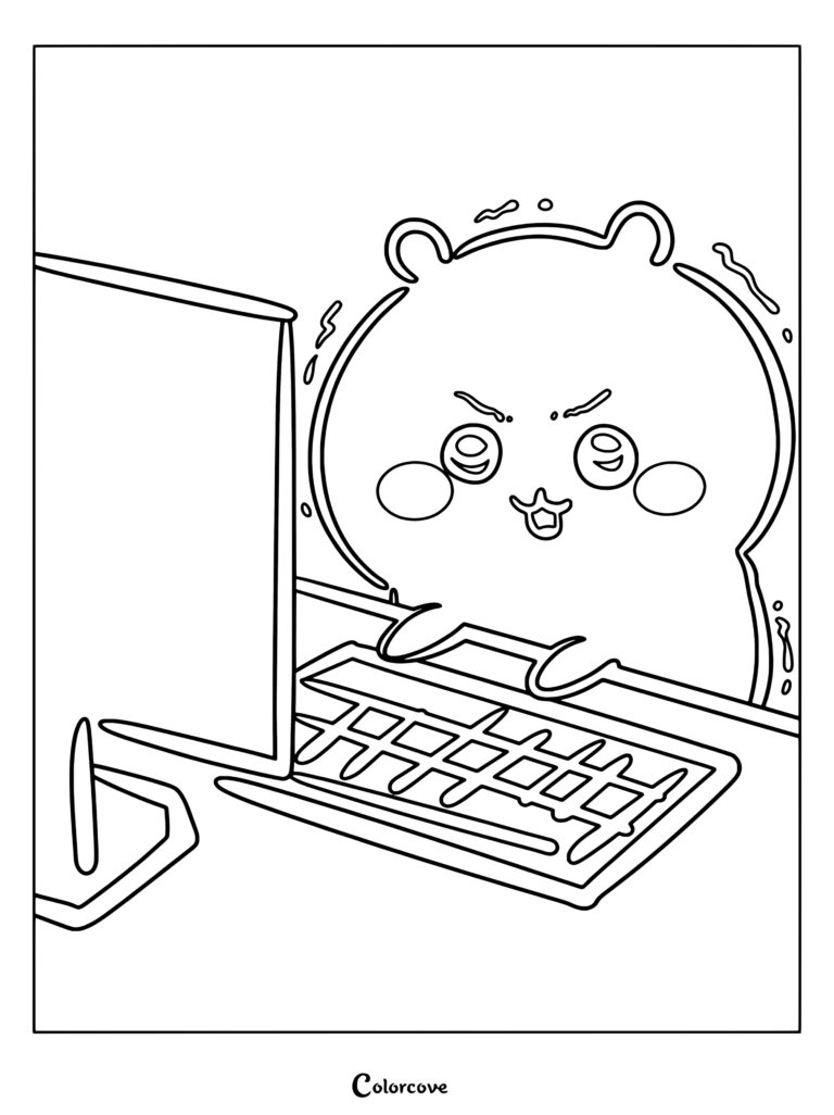Dibujo para colorear de Chiikawa tecleando furiosamente en el ordenador con una expresión intensa
