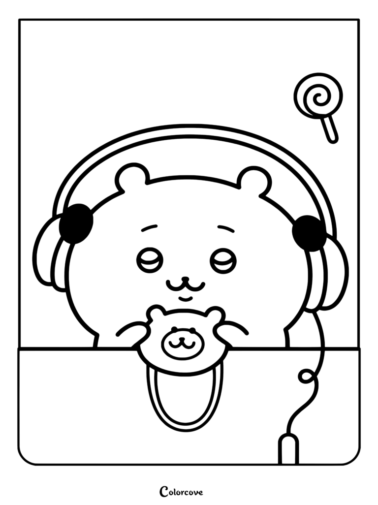 Dibujo para colorear de Chiikawa con el personaje llevando auriculares, sosteniendo un peluche de oso y con una piruleta cerca
