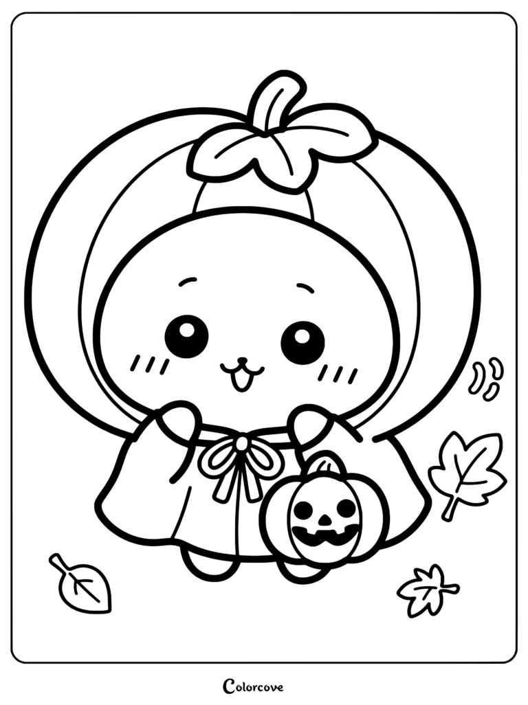Dibujo para colorear imprimible de Chiikawa con un disfraz de calabaza naranja, sosteniendo una pequeña calabaza de Halloween y rodeado de hojas de otoño.