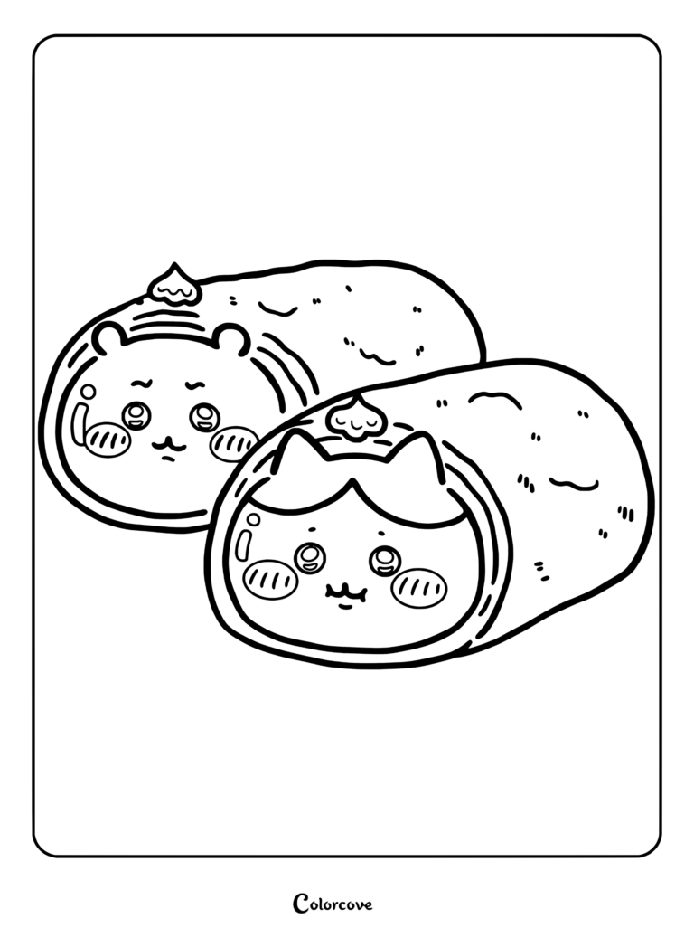 Dibujo para colorear imprimible de Chiikawa y Hachiware enrollados como burritos.