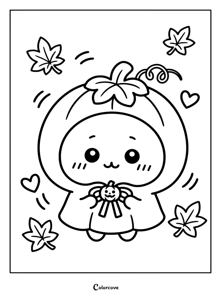 Dibujo para colorear de Chiikawa con un disfraz de calabaza naranja con hojas verdes y hojas de otoño flotando a su alrededor