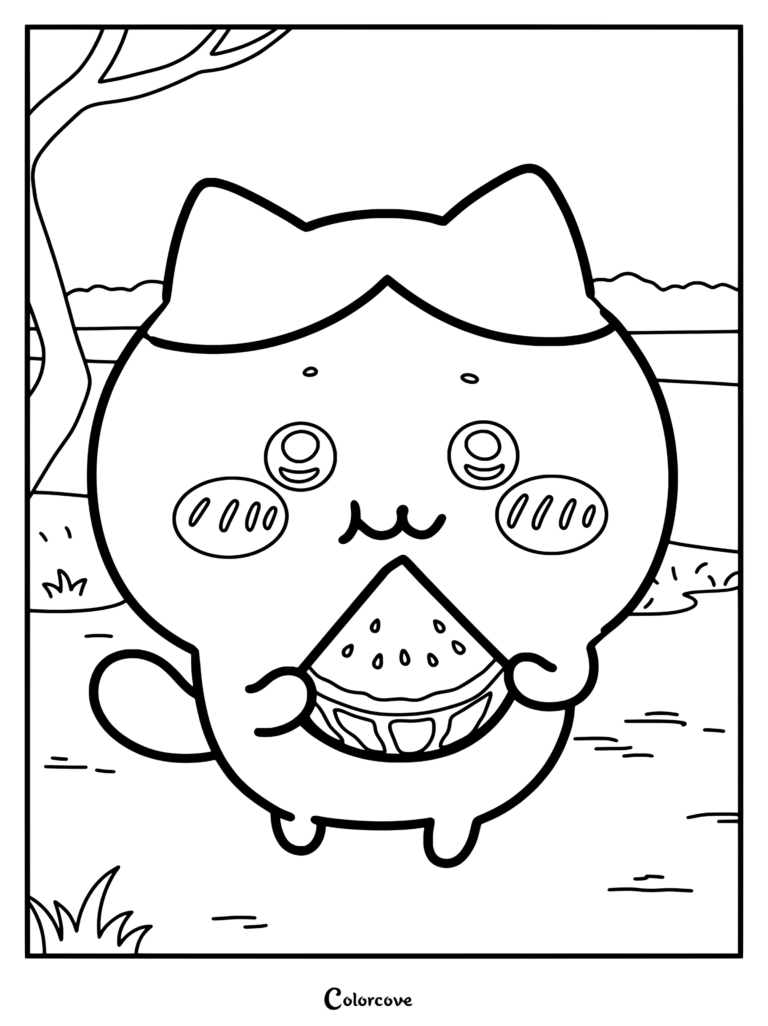 Dibujo para colorear de Hachiware de Chiikawa comiendo una rodaja de sandía al aire libre cerca del agua.