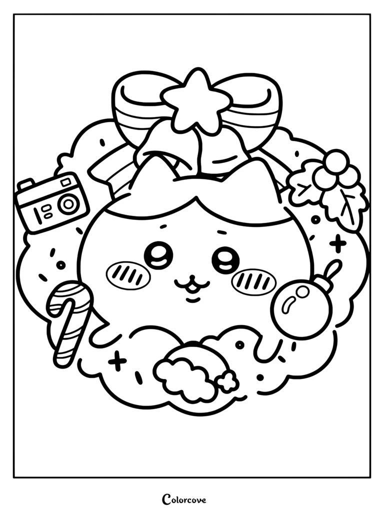 Dibujo para colorear imprimible de Hachiware asomándose desde una corona navideña decorada con un lazo, campanas y adornos.