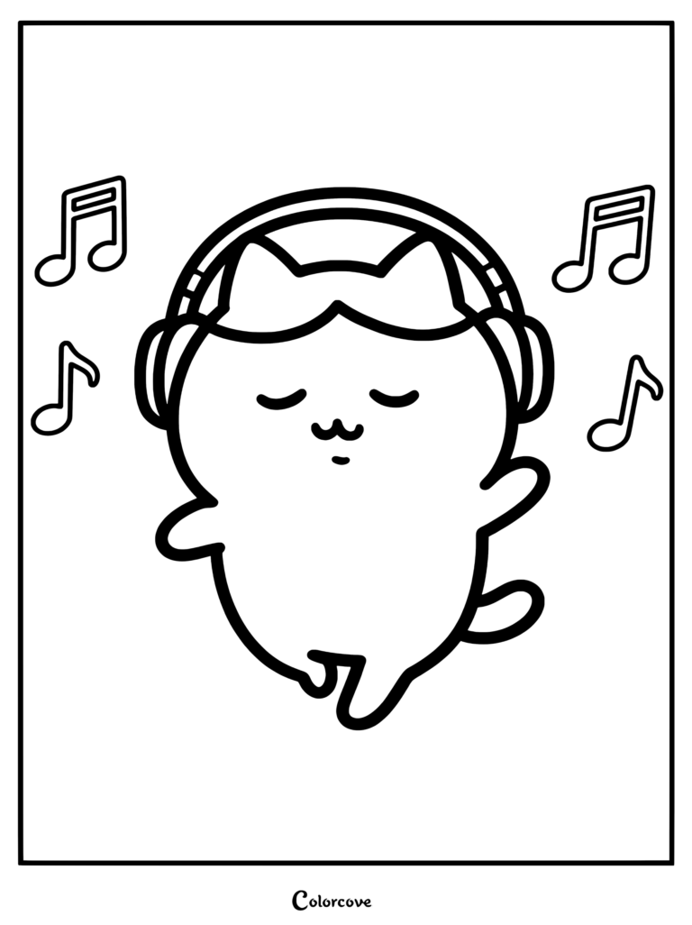 Hachiware de Chiikawa con auriculares disfrutando de la música con notas flotando, ideal para un dibujo para colorear.