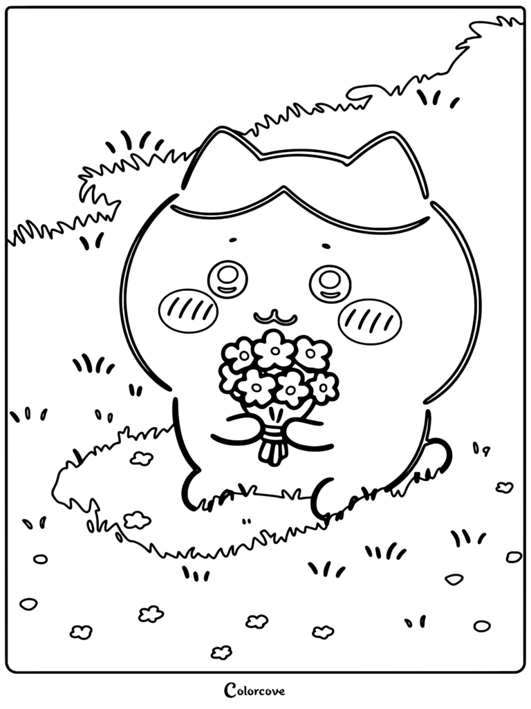 Dibujo para colorear de Chiikawa con Hachiware sosteniendo un ramo de flores rosas mientras está sentado en la hierba.