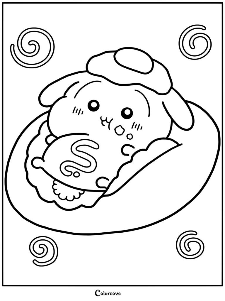 Dibujo para colorear de Chiikawa con Kurimanju disfrazado de perrito caliente con pan de huevo frito, lechuga y kétchup.