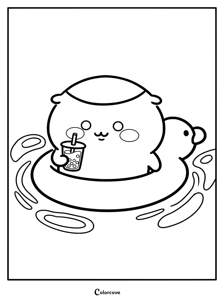 Dibujo para colorear de Chiikawa con Kurimanju relajándose en una piscina sobre un flotador de pato mientras toma té de boba.