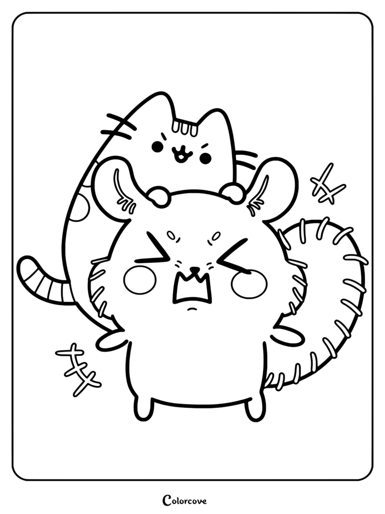 Dibujo para colorear con personajes de Chiikawa de Momonga llevando a regañadientes a Pusheen a la espalda con expresión molesta