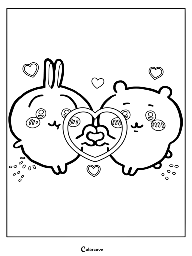 Dibujo para colorear de Chiikawa y Usagi formando un corazón con las manos rodeados de corazones rosas.