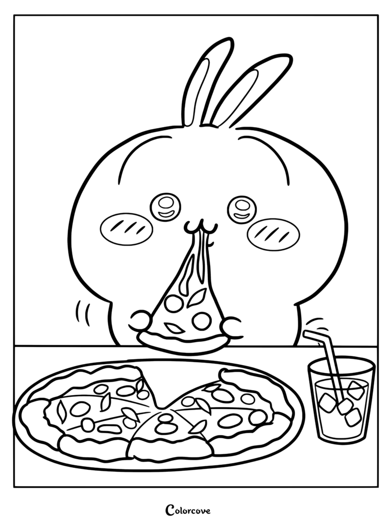 Dibujo para colorear de Chiikawa con Rakko comiendo una porción de pizza con una bebida en la mesa.