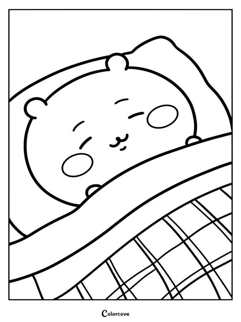 Dibujo para colorear de Chiikawa con Rakko durmiendo cómodamente en la cama bajo una manta con una almohada rosa.