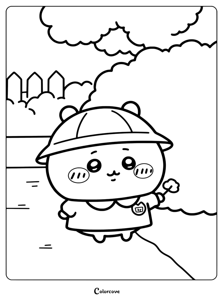Dibujo para colorear imprimible de Rakko con un sombrero amarillo de guardería y babi rosa mientras sostiene un pequeño trébol en un parque de Chiikawa.