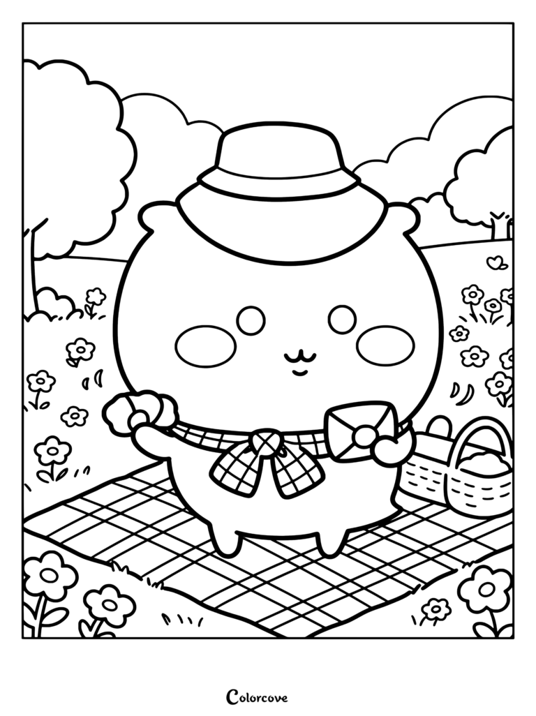 Dibujo para colorear para fans de Chiikawa de Rakuraku con sombrero verde de explorador sosteniendo un onigiri en un mantel de pícnic en el prado
