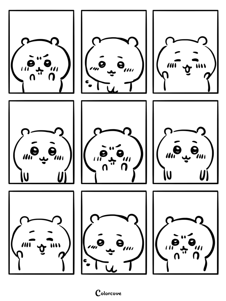 Dibujo para colorear de Chiikawa que muestra una cuadrícula de 3x3 de tiernas expresiones faciales y poses sobre un fondo rosa.