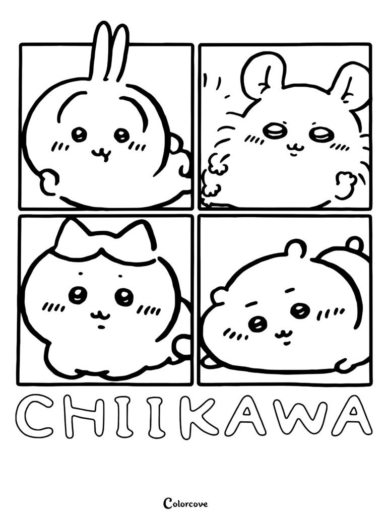 Un dibujo para colorear de 4 viñetas con Usagi, Momonga, Hachiware y Kurimanju de la popular serie japonesa Chiikawa.