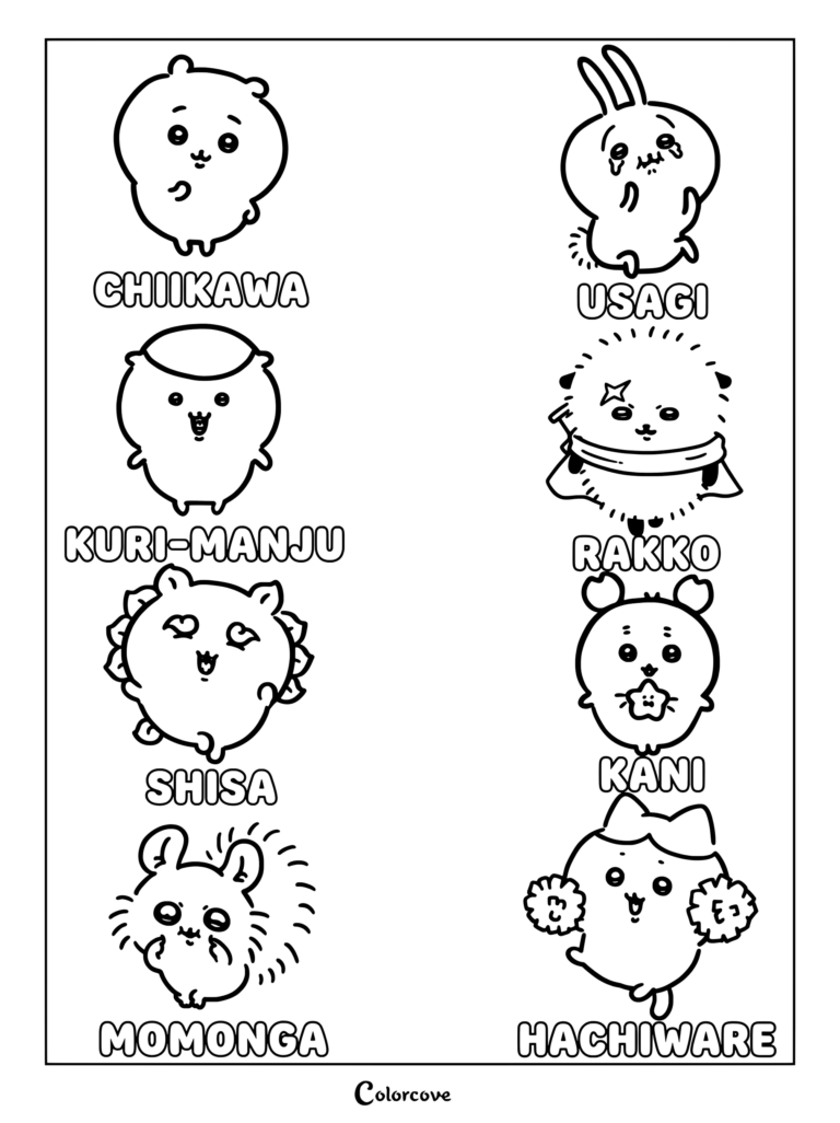 Dibujo para colorear de personajes de Chiikawa con Chiikawa, Usagi, Kurimanju, Rakko, Shisa, Kani, Momonga y Hachiware en estilo de silueta.