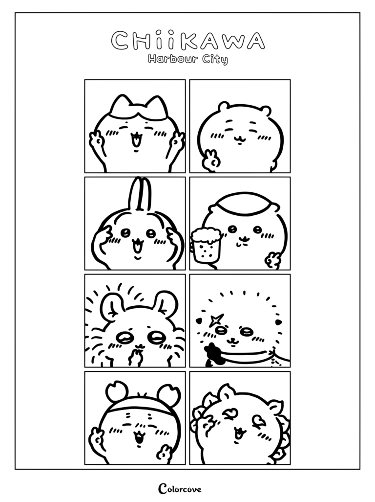 Dibujo para colorear de cuadrícula de personajes de Chiikawa con varios personajes populares del evento oficial en Harbour City.