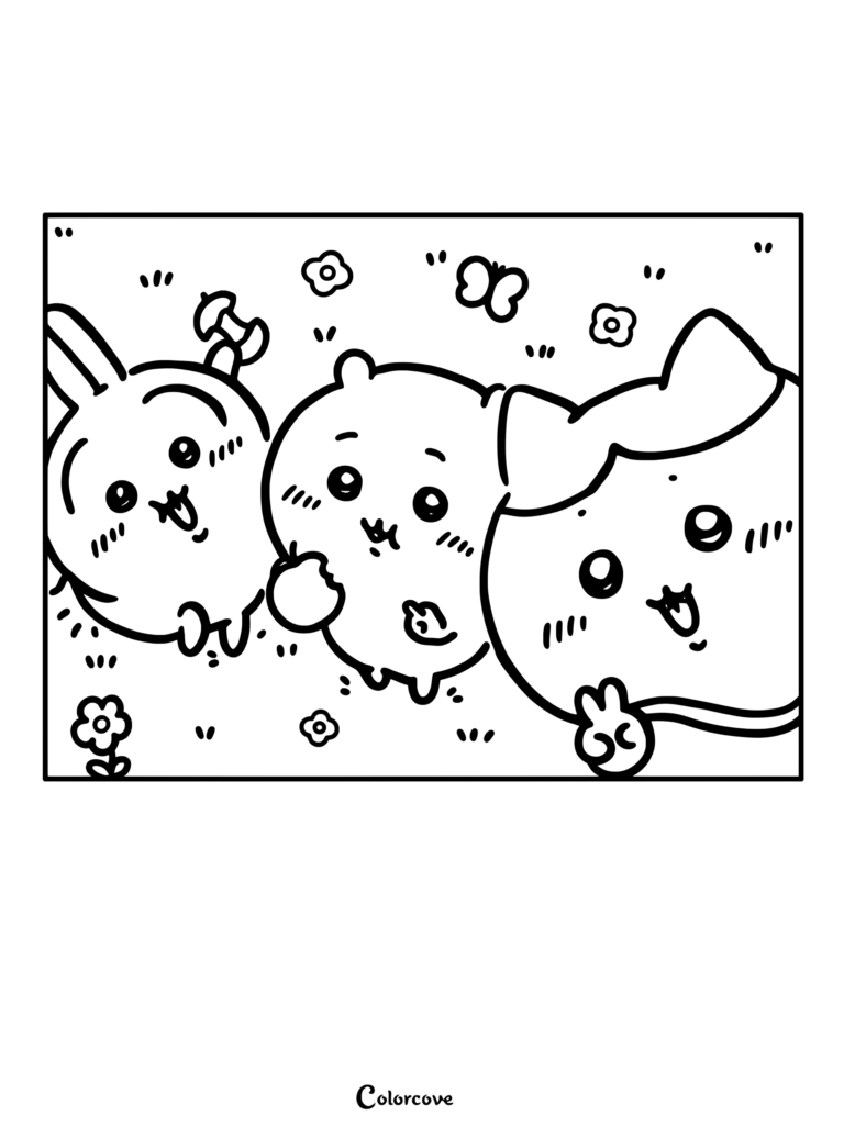 Usagi, Chiikawa y Hachiware sonríen alegremente e intercambian gestos de paz mientras se hacen un selfi juntos en un prado. Dibujo para colorear con Usagi, Chiikawa y Hachiware.